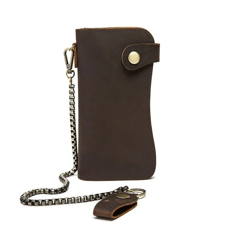 Premium Black Genuine Leather Bifold Wallet with Metal Chain
